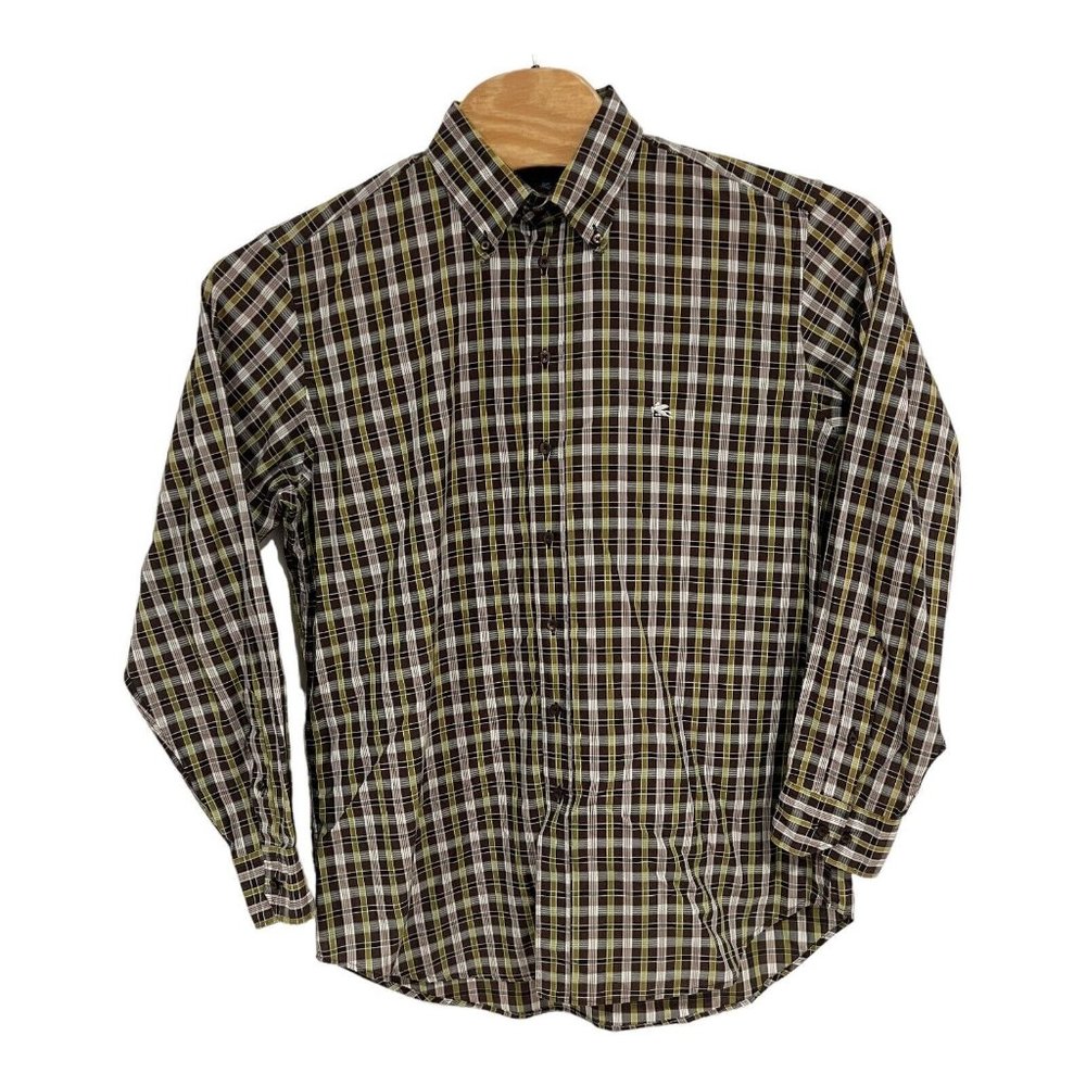 ETRO Small Logo Men's Blue‎ Brown Checked Longsleeve Shirt Size 42 Made In Italy